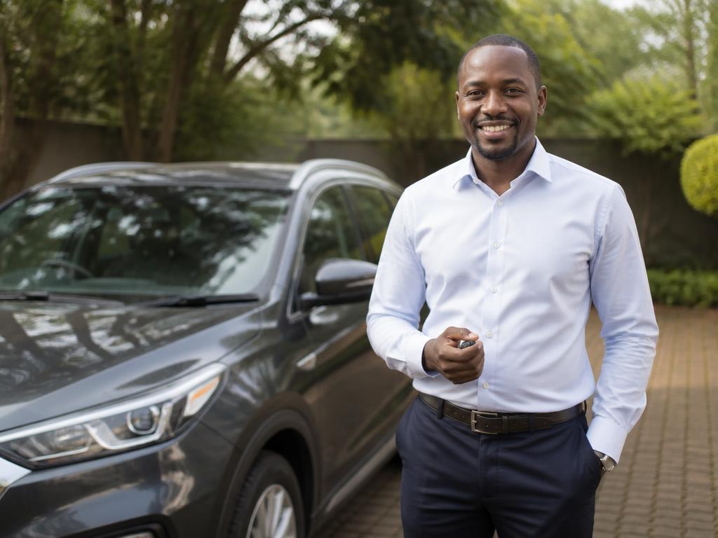 A family driver beside a car in a Nairobi driveway
