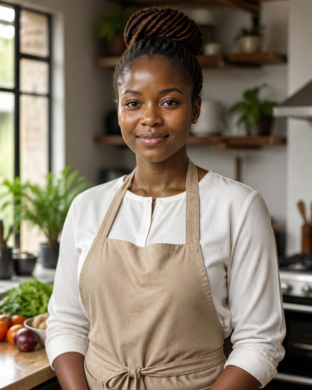 A home assistant standing confidently in a Nairobi kitchen