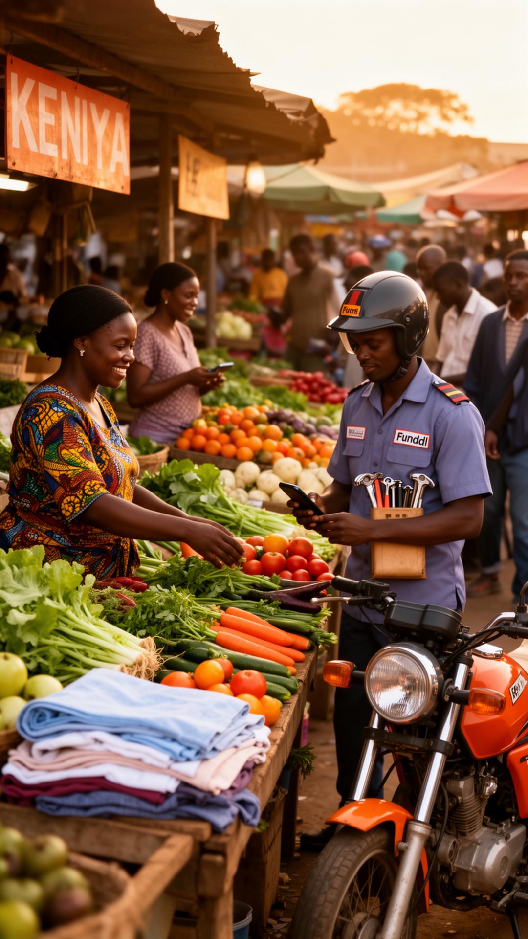 Kenyan marketplace with Mama Mboga, Fundi and delivery rider